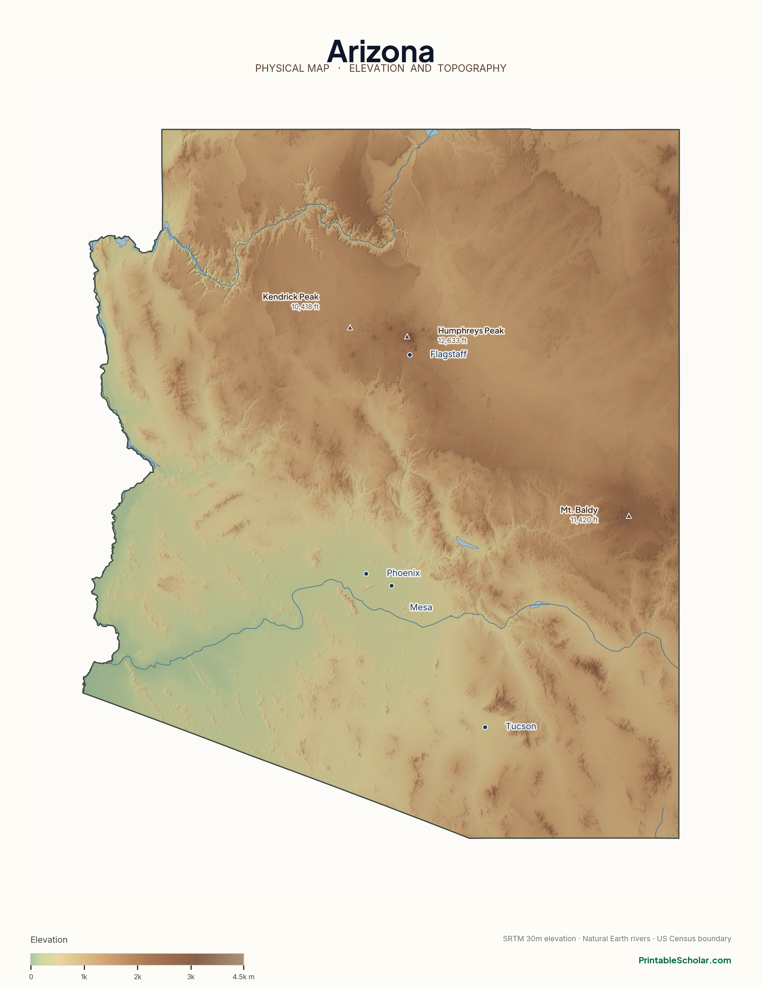 Arizona physical map with labeled peaks, cities, and rivers