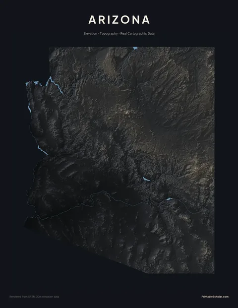 Arizona topographic relief poster — high-contrast monochrome rendering of the Grand Canyon, the Colorado Plateau, the Sonoran Desert, and the Mogollon Rim
