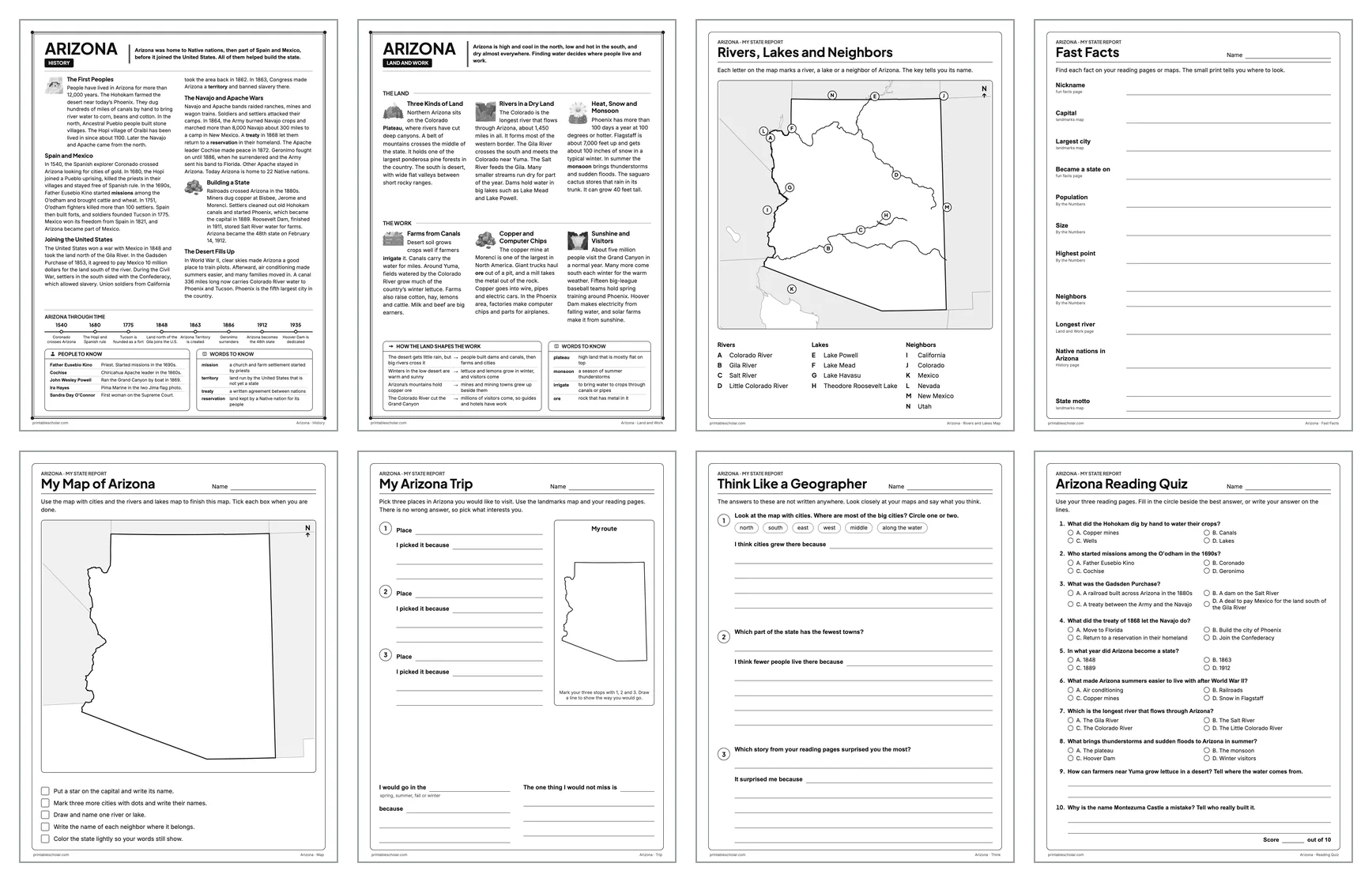 Eight pages from the Arizona State Report Kit: History, Land and Work, the rivers and lakes map, Fast Facts, My Map, My Trip, Think Like a Geographer and the reading quiz
