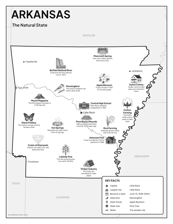 Black and white illustrated map of Arkansas
