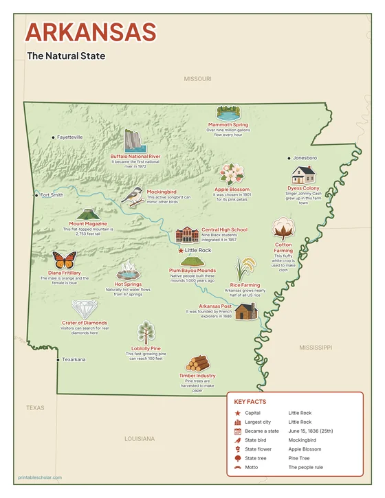 Illustrated map of Arkansas in color