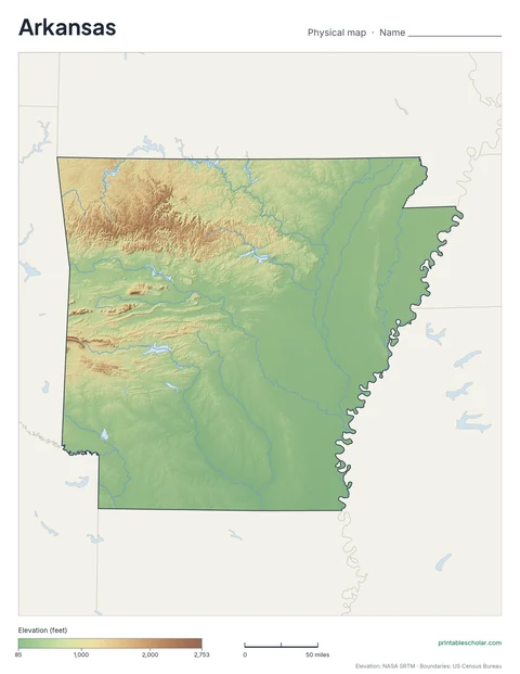 Arkansas blank physical map: the same terrain with no labels, for labeling practice