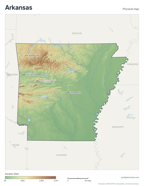 Arkansas physical map, labeled: the Ozark Mountains, Ouachita Mountains, and Mississippi Alluvial Plain, with the capital, cities and highest point marked