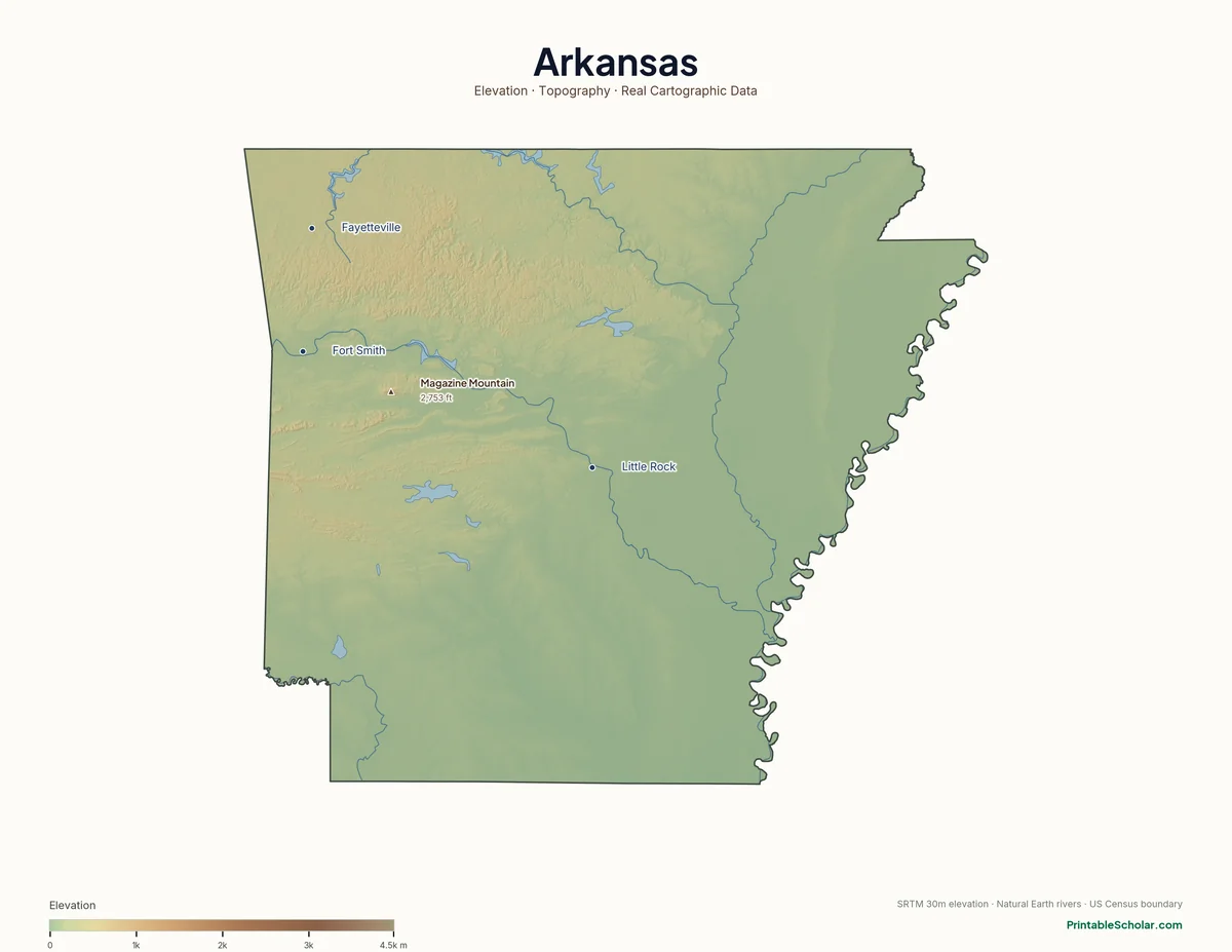 Arkansas physical map showing the Ozark Mountains, Ouachita Mountains, and Mississippi Alluvial Plain, with major peaks and cities labeled. Topographic relief from NASA SRTM elevation data.