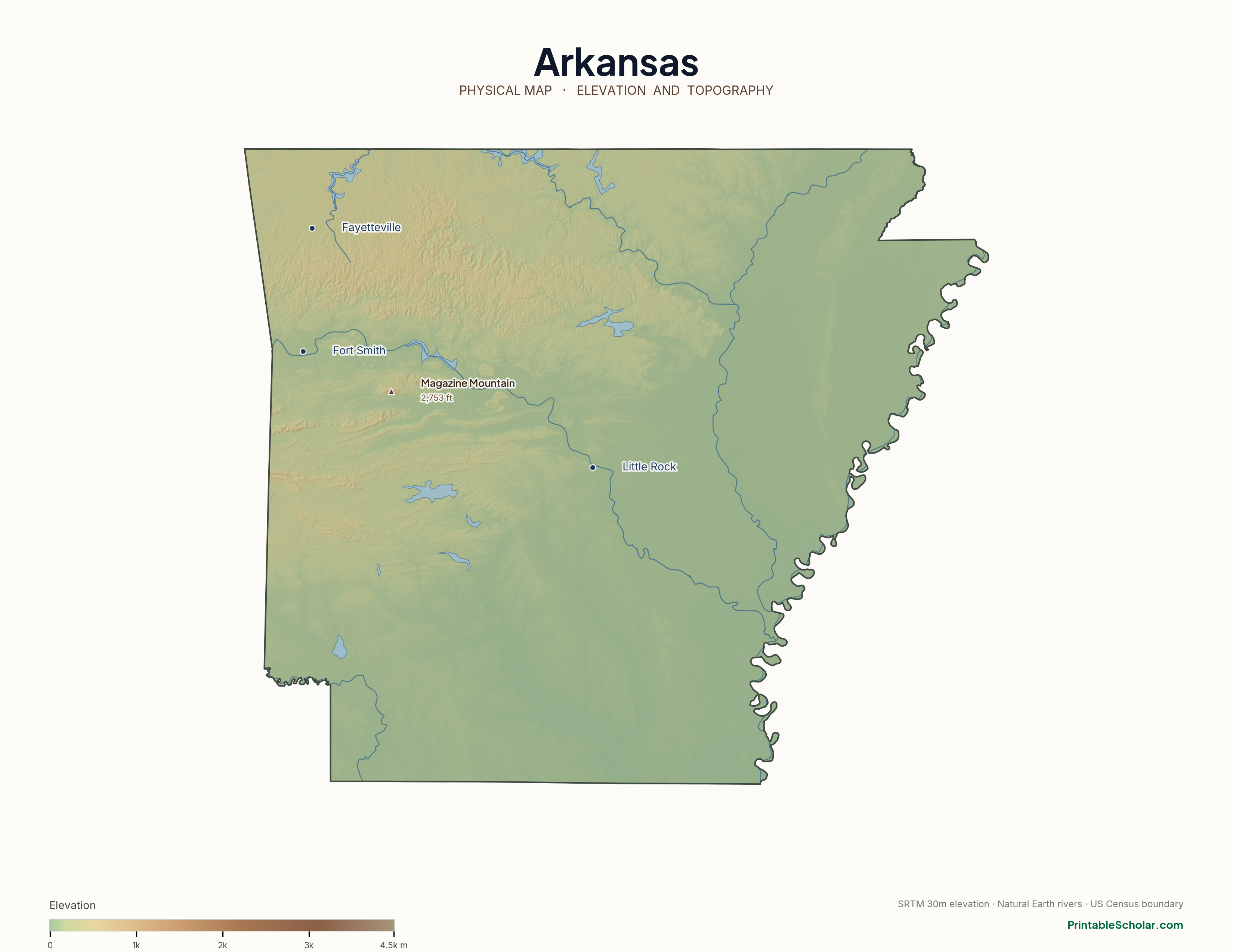 Arkansas physical map with labeled peaks, cities, and rivers
