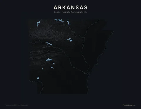 Arkansas topographic relief poster — high-contrast monochrome rendering of the Ozark Mountains, Ouachita Mountains, and Mississippi Alluvial Plain