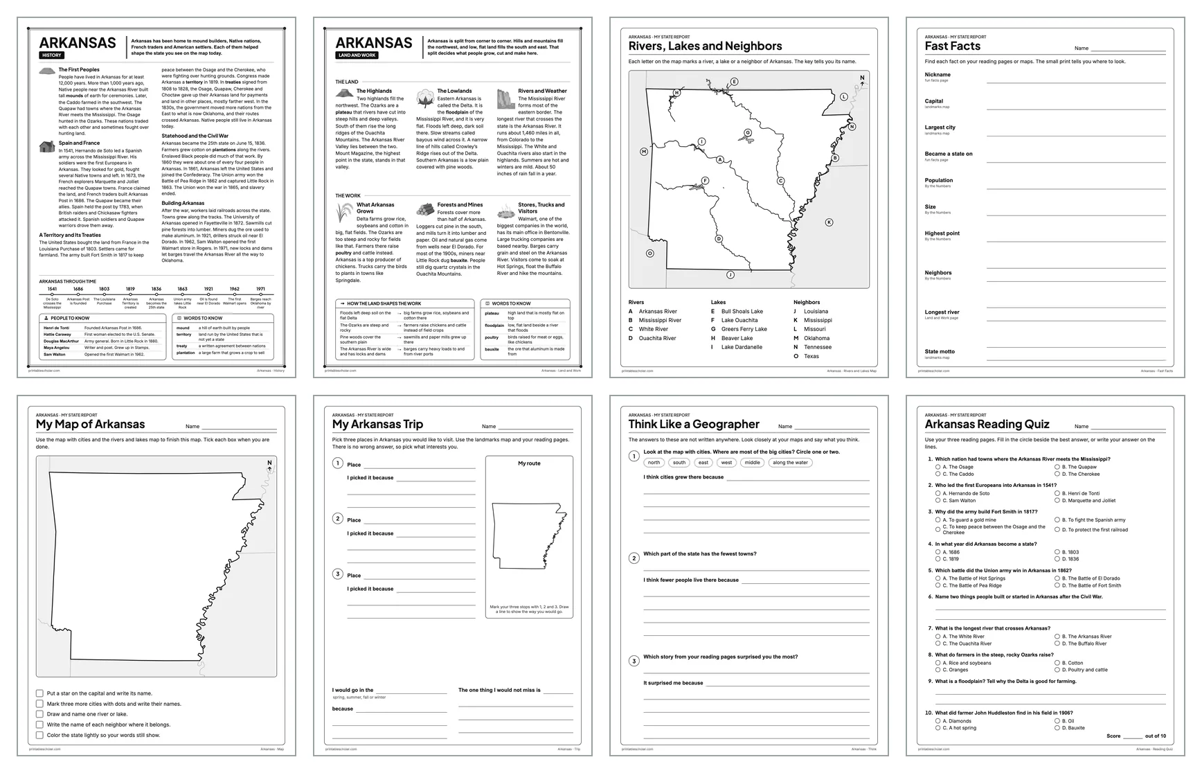 Eight pages from the Arkansas State Report Kit: History, Land and Work, the rivers and lakes map, Fast Facts, My Map, My Trip, Think Like a Geographer and the reading quiz