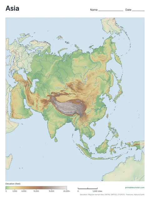 Asia physical map, blank, for labeling practice