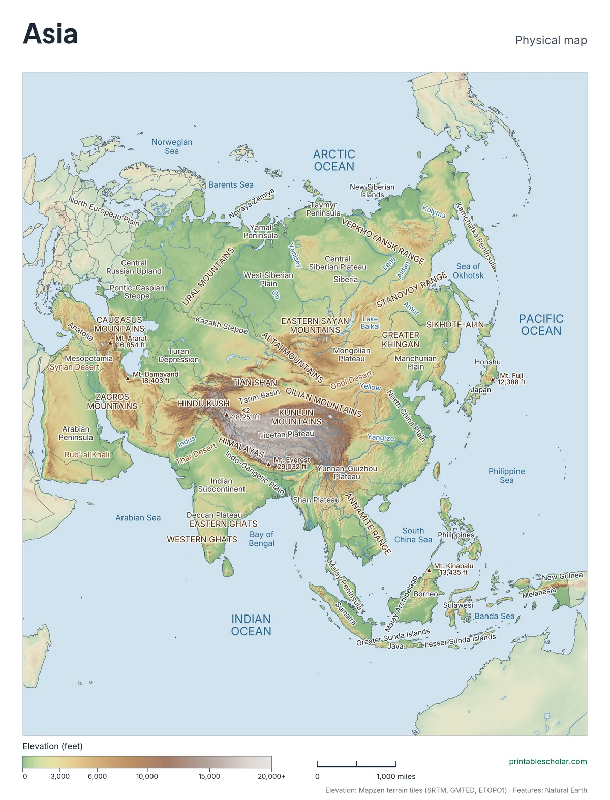 Physical map of Asia with mountain ranges, deserts, rivers and highest peaks labeled