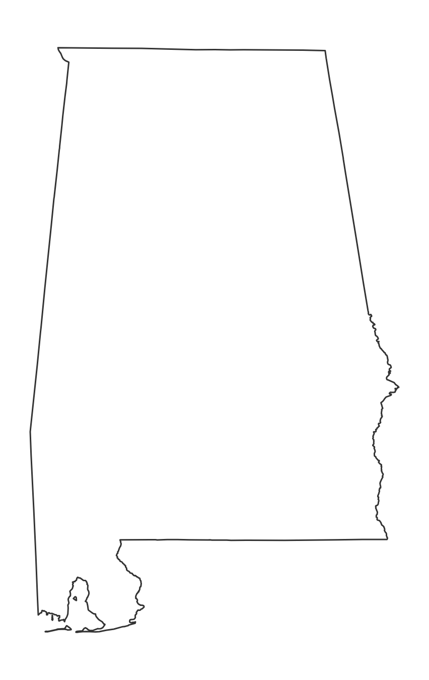 Blank outline map of Alabama with no county lines - free printable