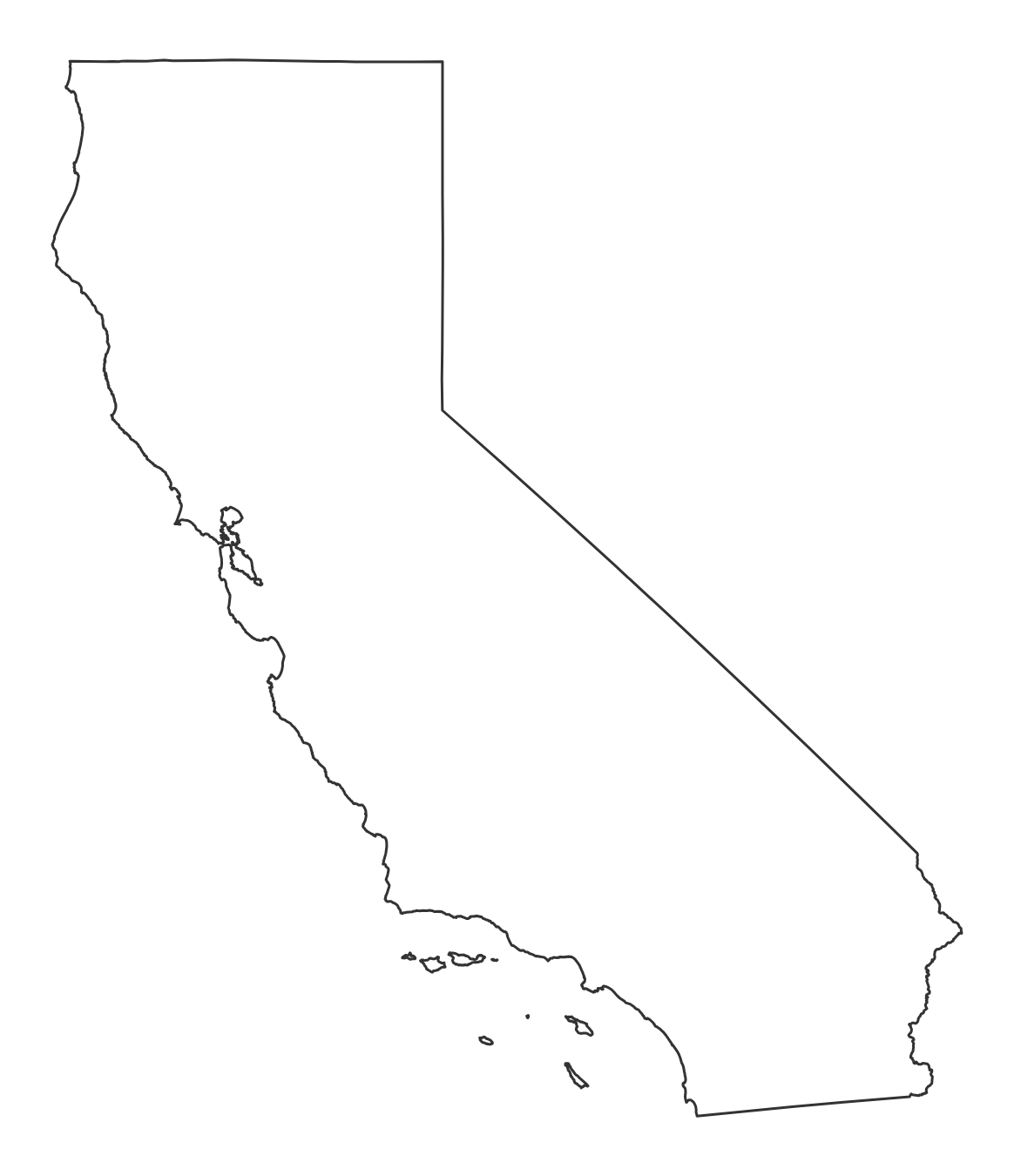 Blank outline map of California with no county lines - free printable