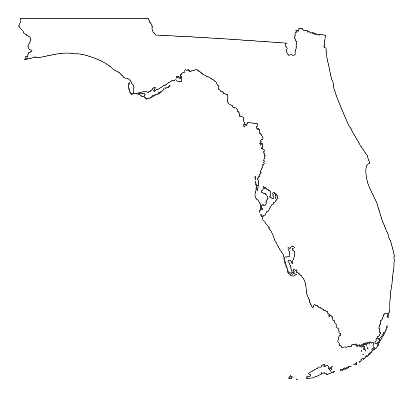 Blank outline map of Florida with no county lines - free printable