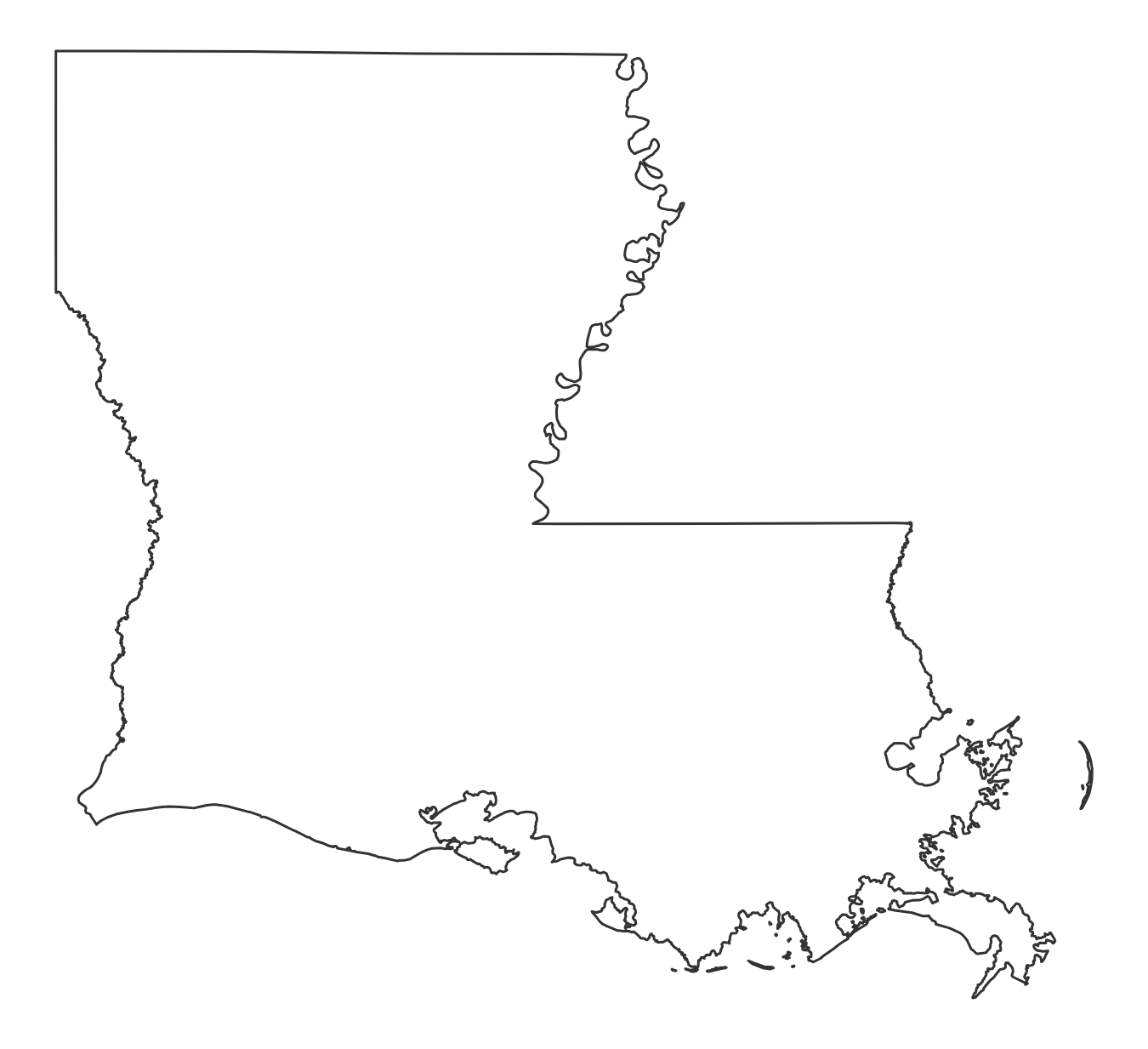 Blank outline map of Louisiana with no parish lines - free printable
