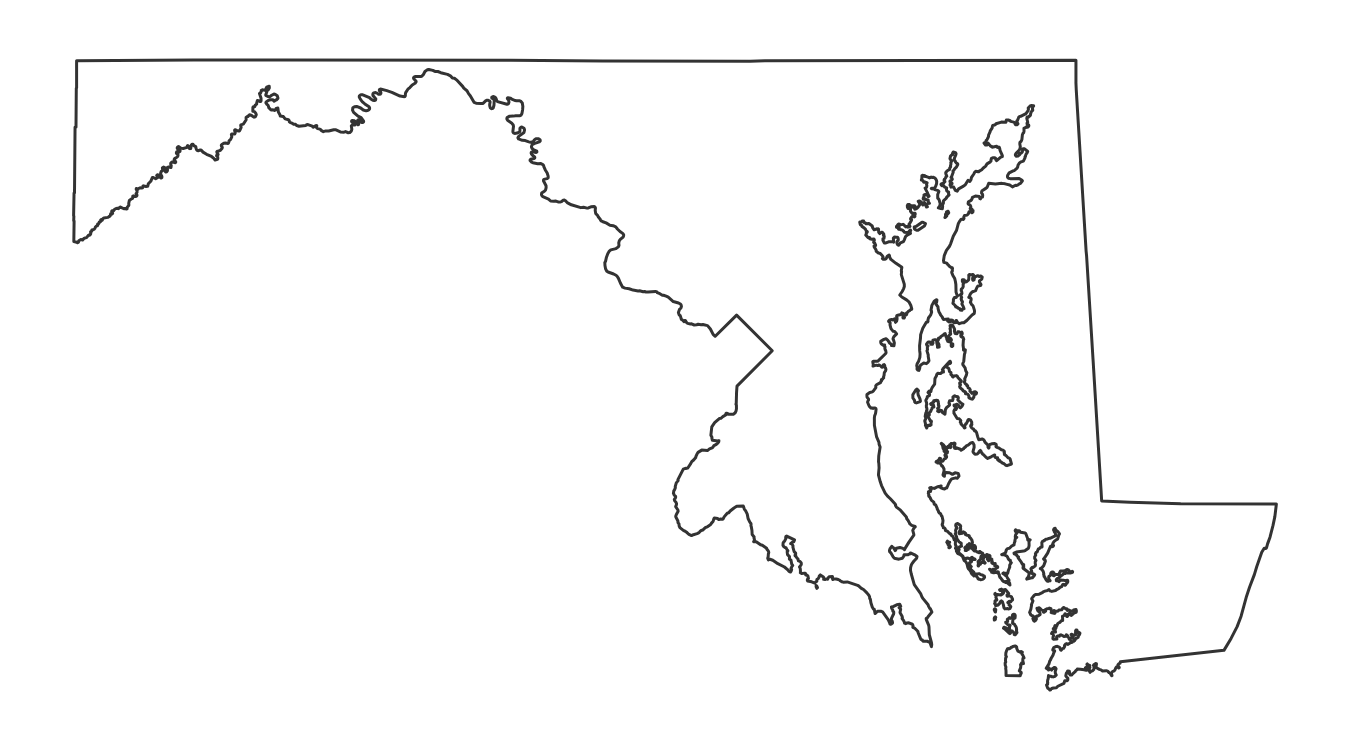 Blank outline map of Maryland with no county lines - free printable
