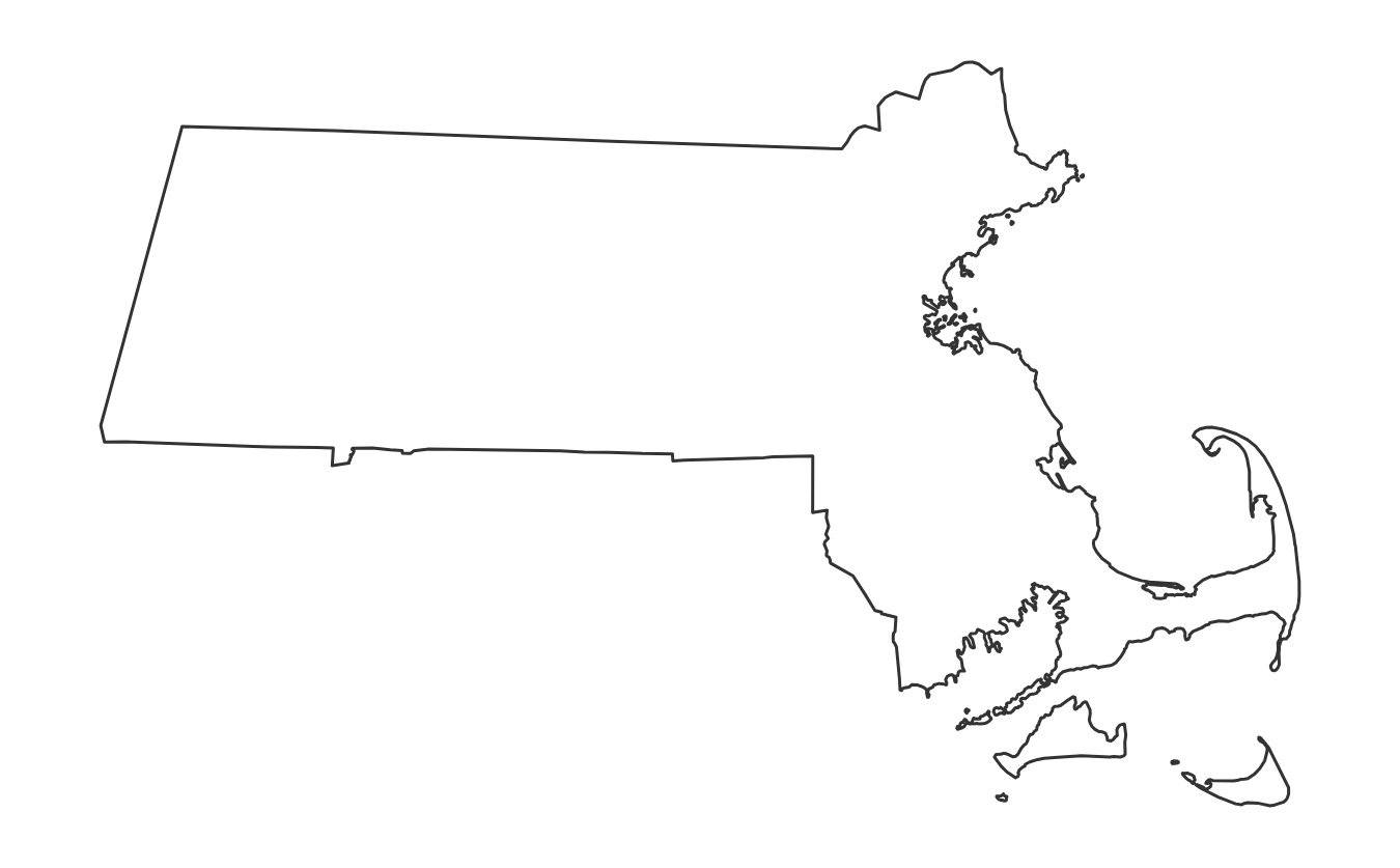 Blank outline map of Massachusetts with no county lines - free printable