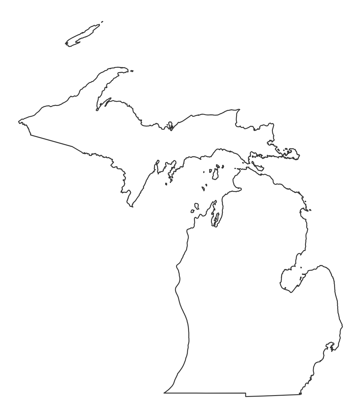 Blank outline map of Michigan with no county lines - free printable