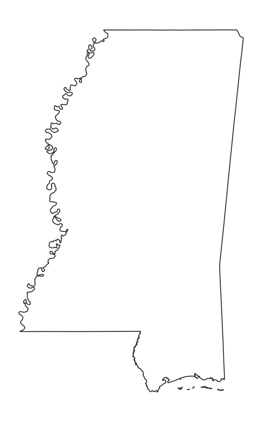 Blank outline map of Mississippi with no county lines - free printable