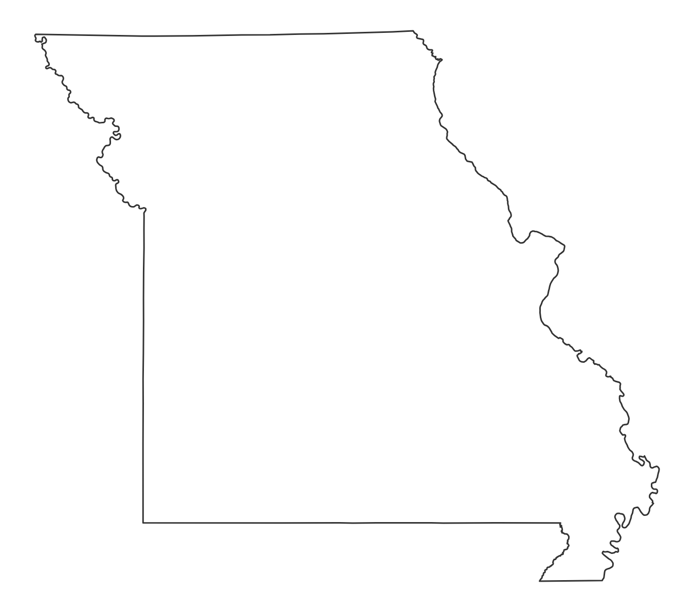 Blank outline map of Missouri with no county lines - free printable