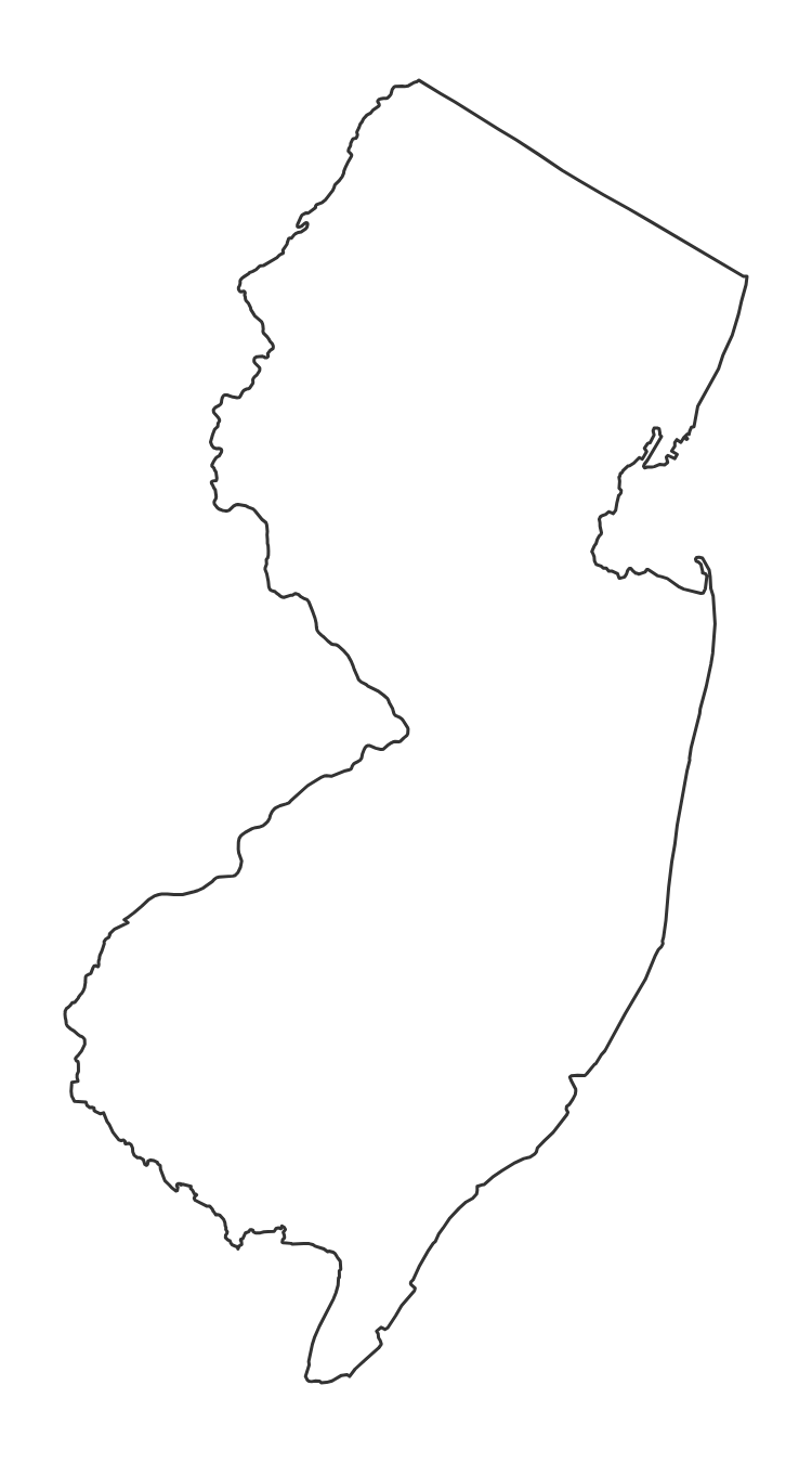 Blank outline map of New Jersey with no county lines - free printable