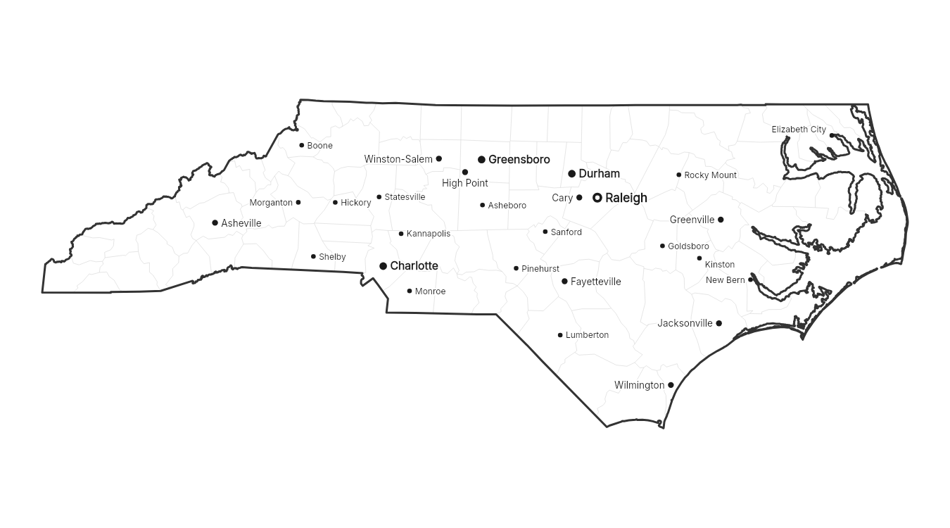 North Carolina with cities map