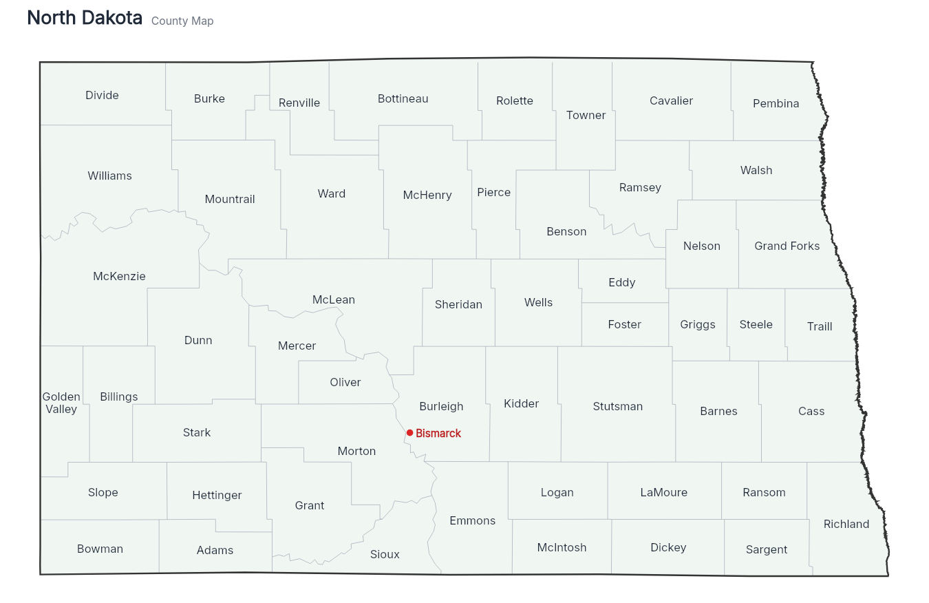 North Dakota with counties map