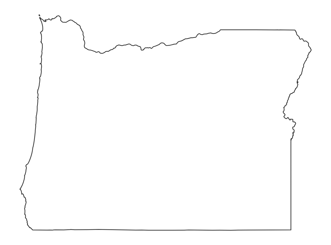 Blank outline map of Oregon with no county lines - free printable