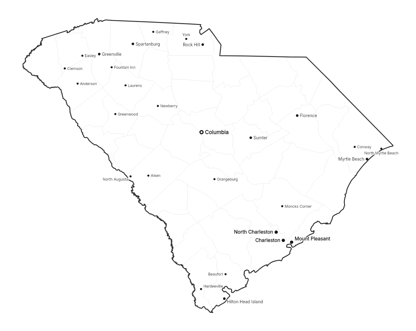 South Carolina with cities map