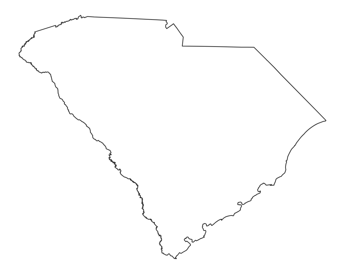 Blank outline map of South Carolina with no county lines - free printable