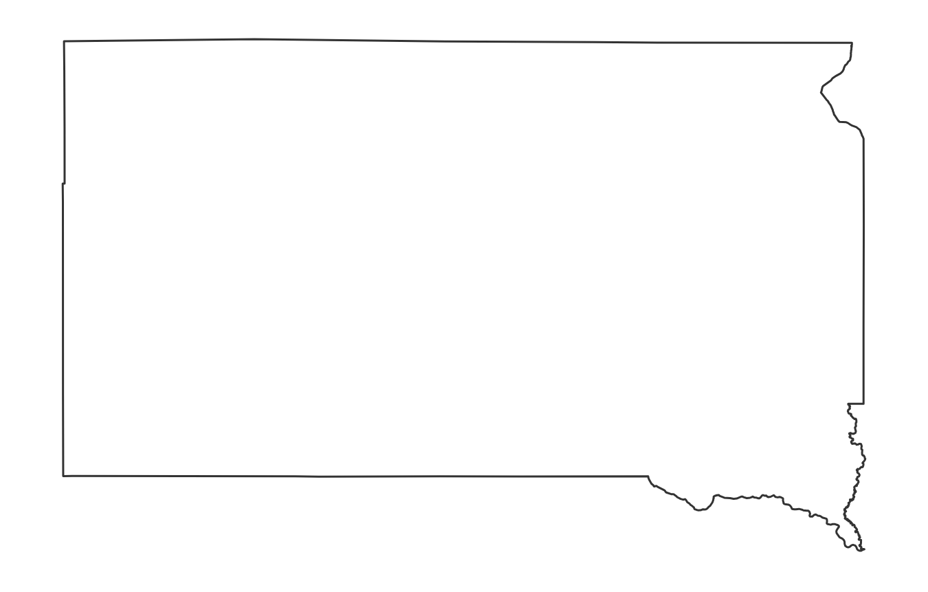 Blank outline map of South Dakota with no county lines - free printable