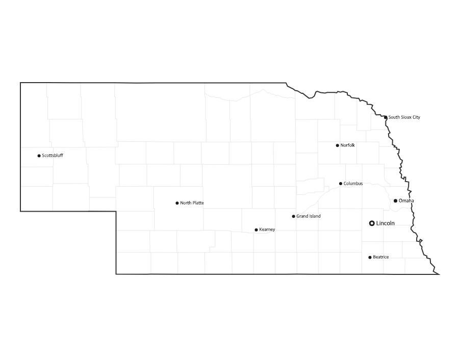 Nebraska Map with Cities - free printable