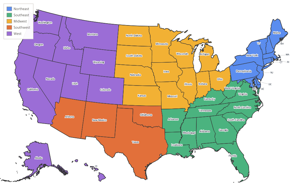 US Regions Map - free printable