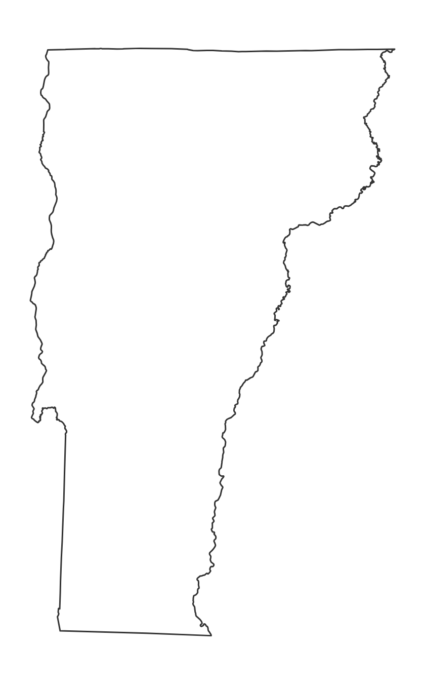 Blank outline map of Vermont with no county lines - free printable