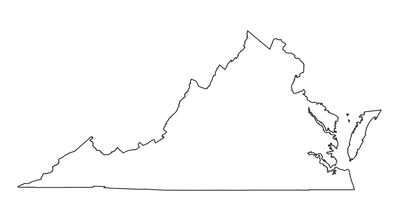 Blank outline map of Virginia with no county lines - free printable