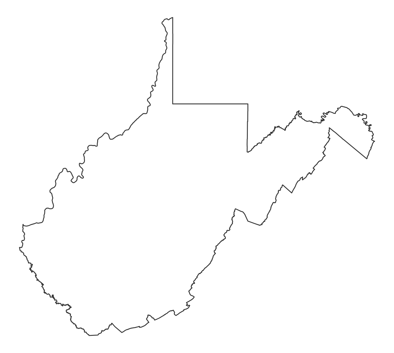Blank outline map of West Virginia with no county lines - free printable