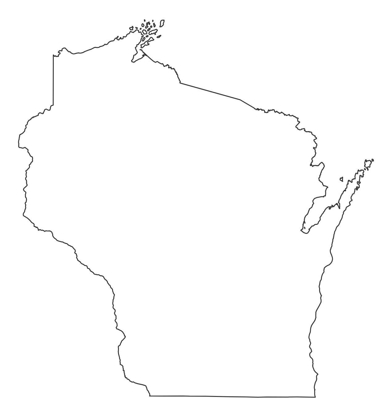 Blank outline map of Wisconsin with no county lines - free printable