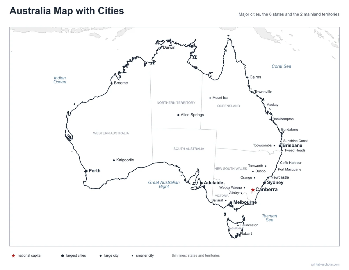 Australia Map with Cities, labeled