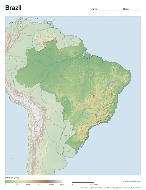 Brazil physical map, blank, for labeling practice