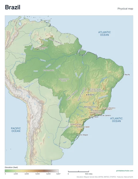 Brazil physical map, labeled