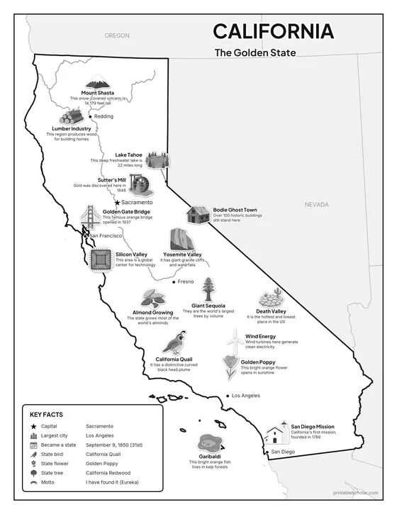 Black and white illustrated map of California
