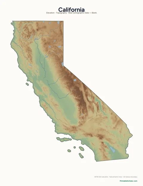 California blank physical map — same topographic relief, no labels, for label-it-yourself geography exercises
