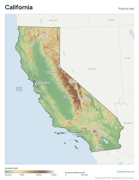 California physical map, labeled: the Sierra Nevada, Coastal Ranges, Central Valley, Mojave Desert, and Klamath Mountains, with the capital, cities and highest point marked