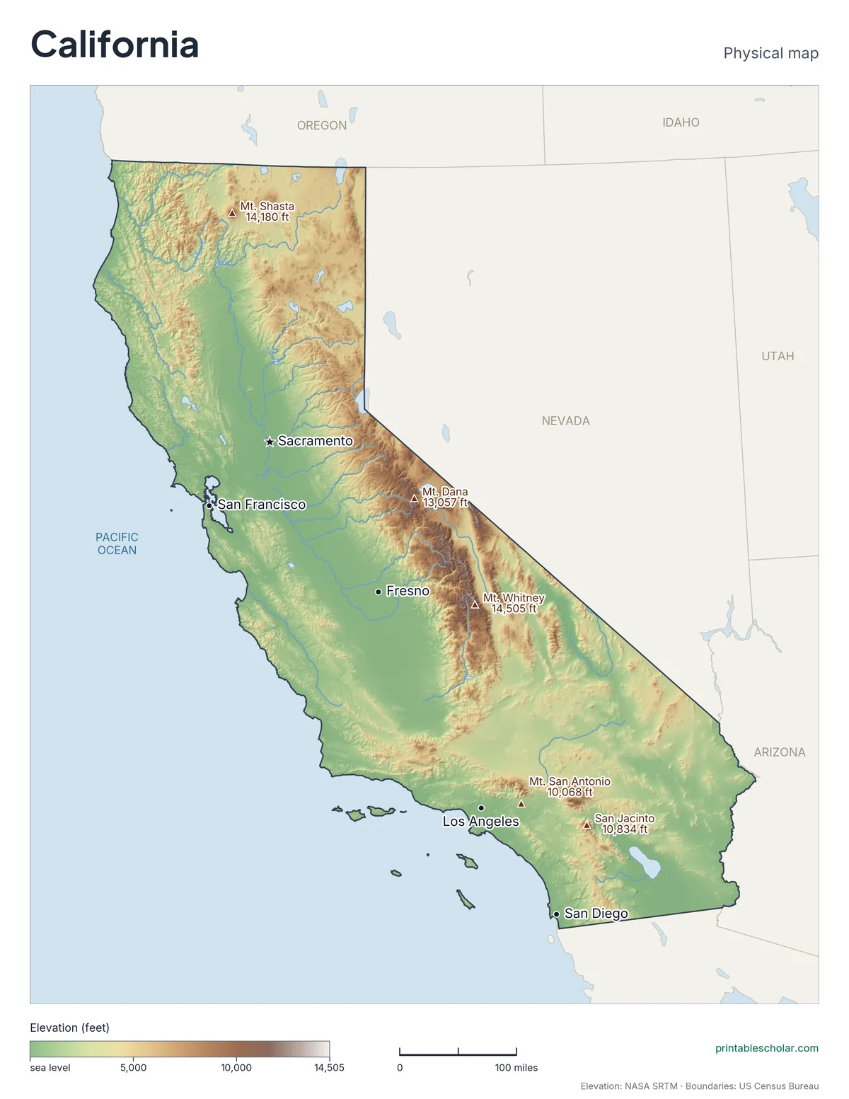 California physical map, labeled