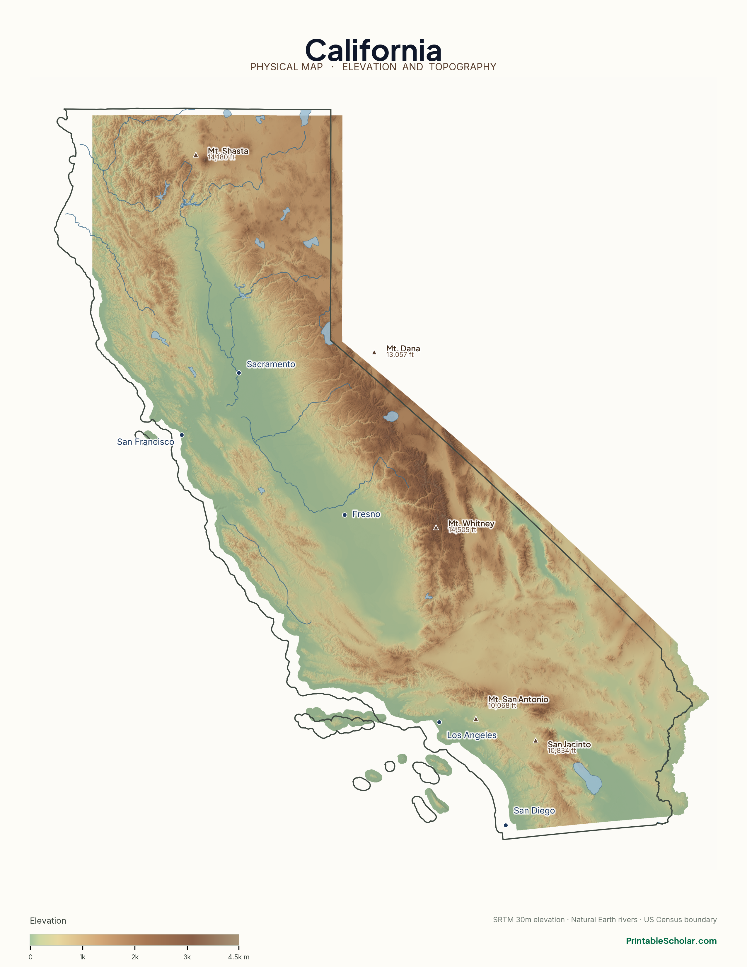 California physical map with labeled peaks, cities, and rivers