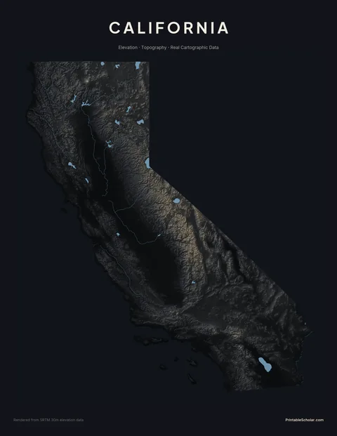 California topographic relief poster — high-contrast monochrome rendering of the Sierra Nevada, Coastal Ranges, Central Valley, Mojave Desert, and Klamath Mountains