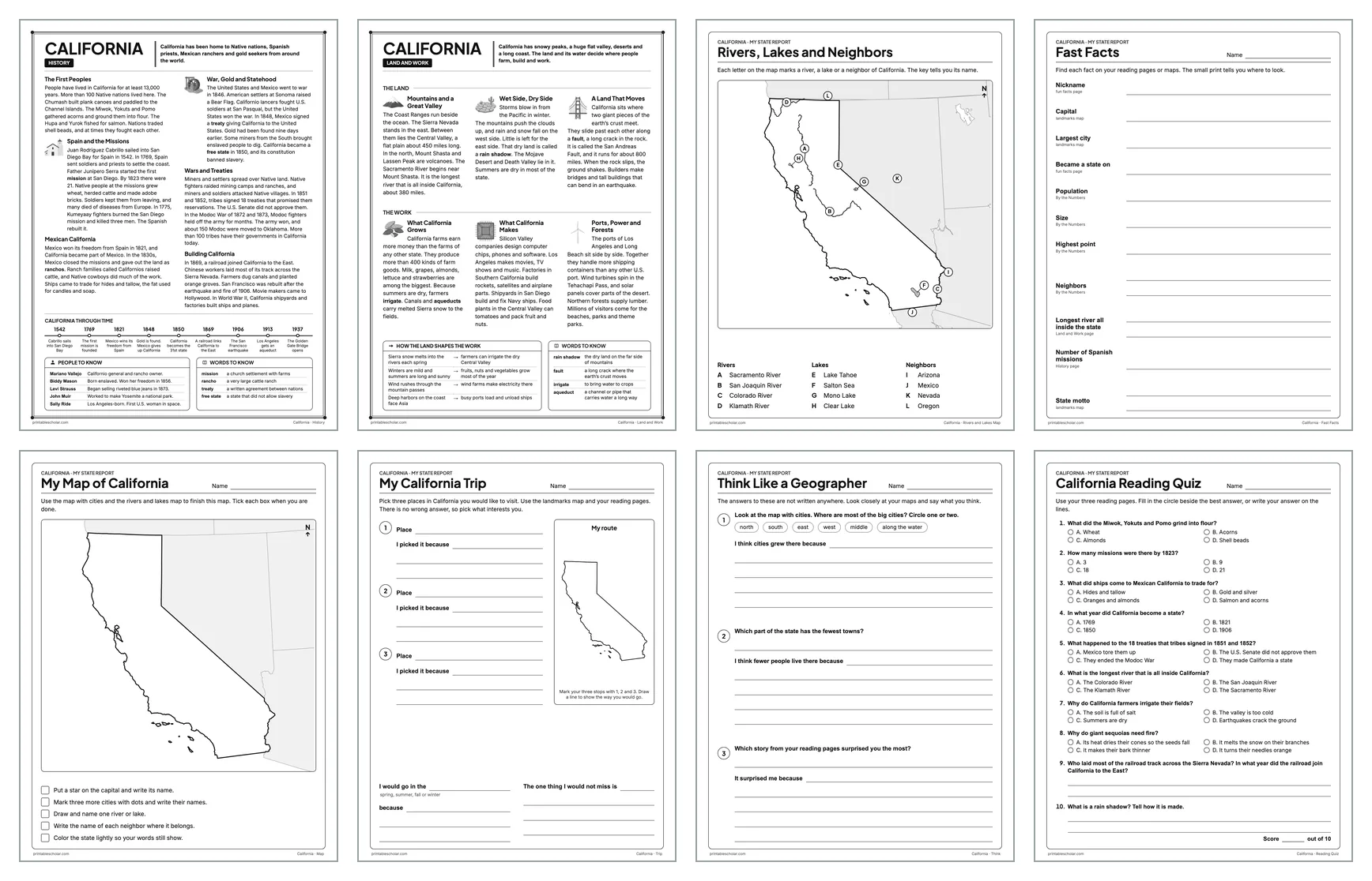 Eight pages from the California State Report Kit: History, Land and Work, the rivers and lakes map, Fast Facts, My Map, My Trip, Think Like a Geographer and the reading quiz