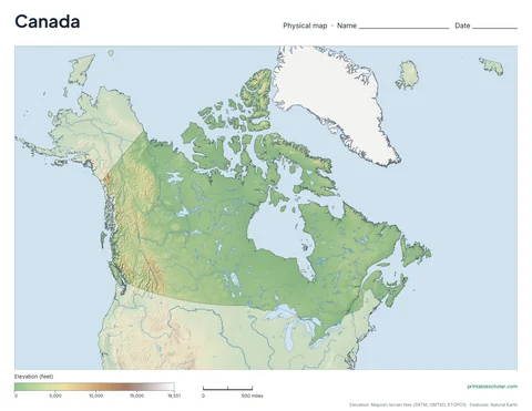Canada physical map, blank, for labeling practice