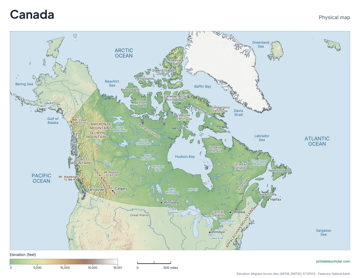 Physical map of Canada with mountain ranges, deserts, rivers and highest peaks labeled