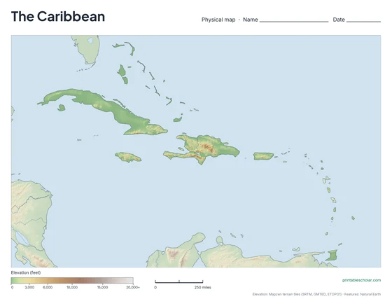 Caribbean map: physical, blank