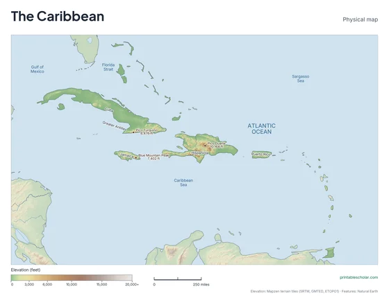 Caribbean map: physical