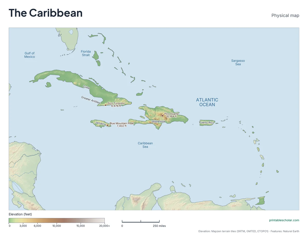 Physical map of the Caribbean with mountains, rivers and seas labeled